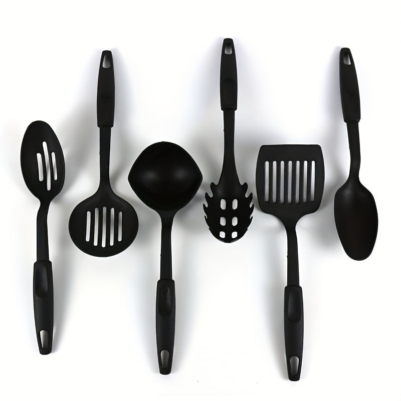 Set of 6 Kitchen Utensils: Comes with Ladle, Spoon, Slotted Spoons, Spatula, Slotted Turner, and Spaghetti Server - Sturdy Plastic Cooking Tools for Home Use