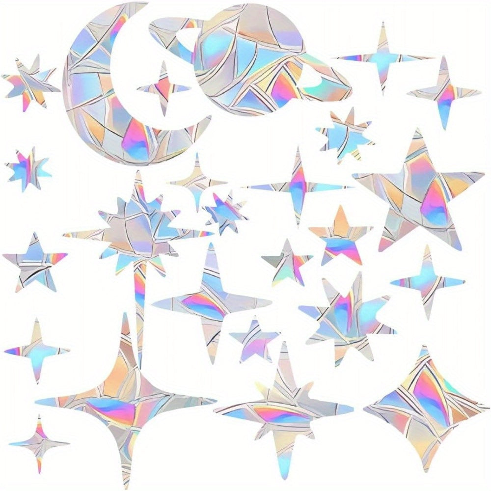 Set of 18 Rainbow Star Window Clings - Non-Adhesive Vinyl Decals for Glass Windows, Reusable, Safe for Birds, and Stylish Home Decoration