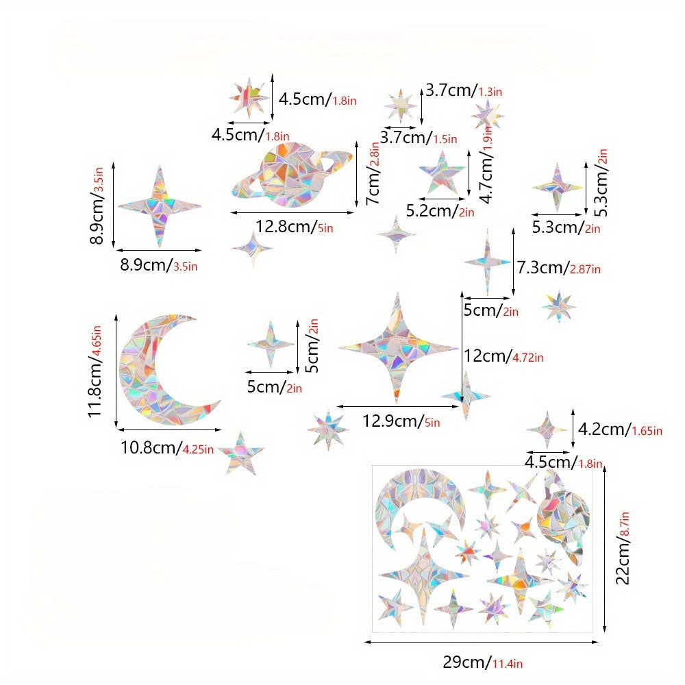 Набор из 18 наклеек на окна в виде радужных звезд — неклеящиеся виниловые наклейки для стеклянных окон, многоразовые, безопасные для птиц и стильные украшения для дома