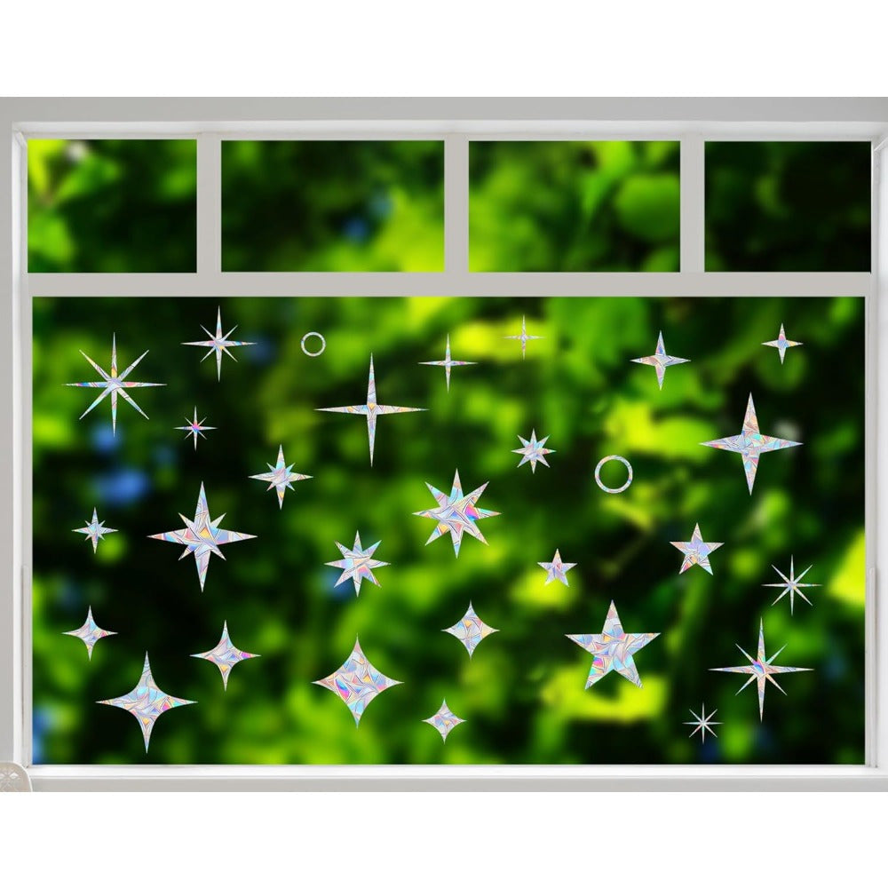 Set of 18 Rainbow Star Window Clings - Non-Adhesive Vinyl Decals for Glass Windows, Reusable, Safe for Birds, and Stylish Home Decoration