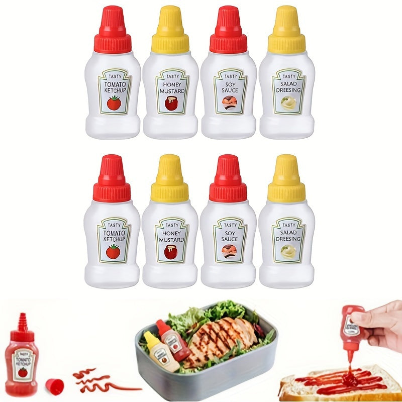 Set of 4 mini squeeze bottles, ideal for lunches, picnics, and kitchen use. Made of durable and portable plastic, hand wash only.