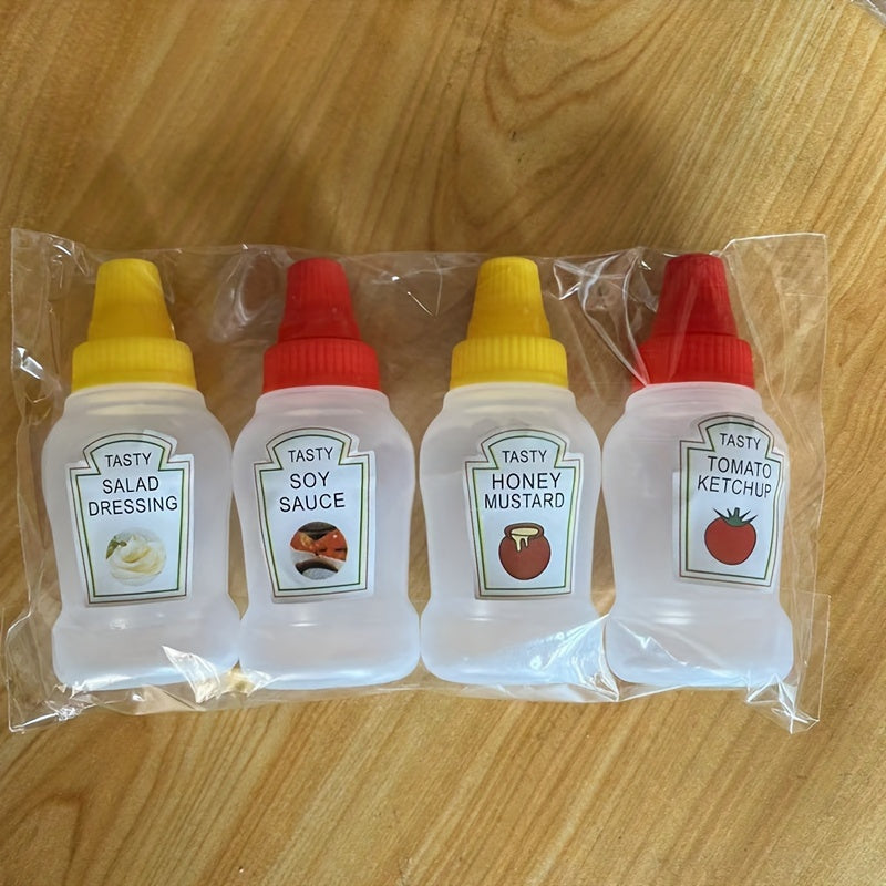 Set of 4 mini squeeze bottles, ideal for lunches, picnics, and kitchen use. Made of durable and portable plastic, hand wash only.