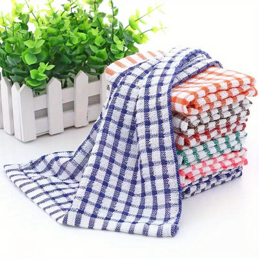 Assortment of 6, 12, or 24 random color plaid dish towels for kitchen cleaning and drying, absorbent and reusable.