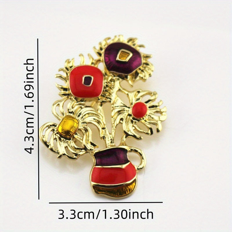 Stylish Vintage Sunflower Enamel Brooch with Sparkling Rhinestones - Ideal for Dresses and Party Attire