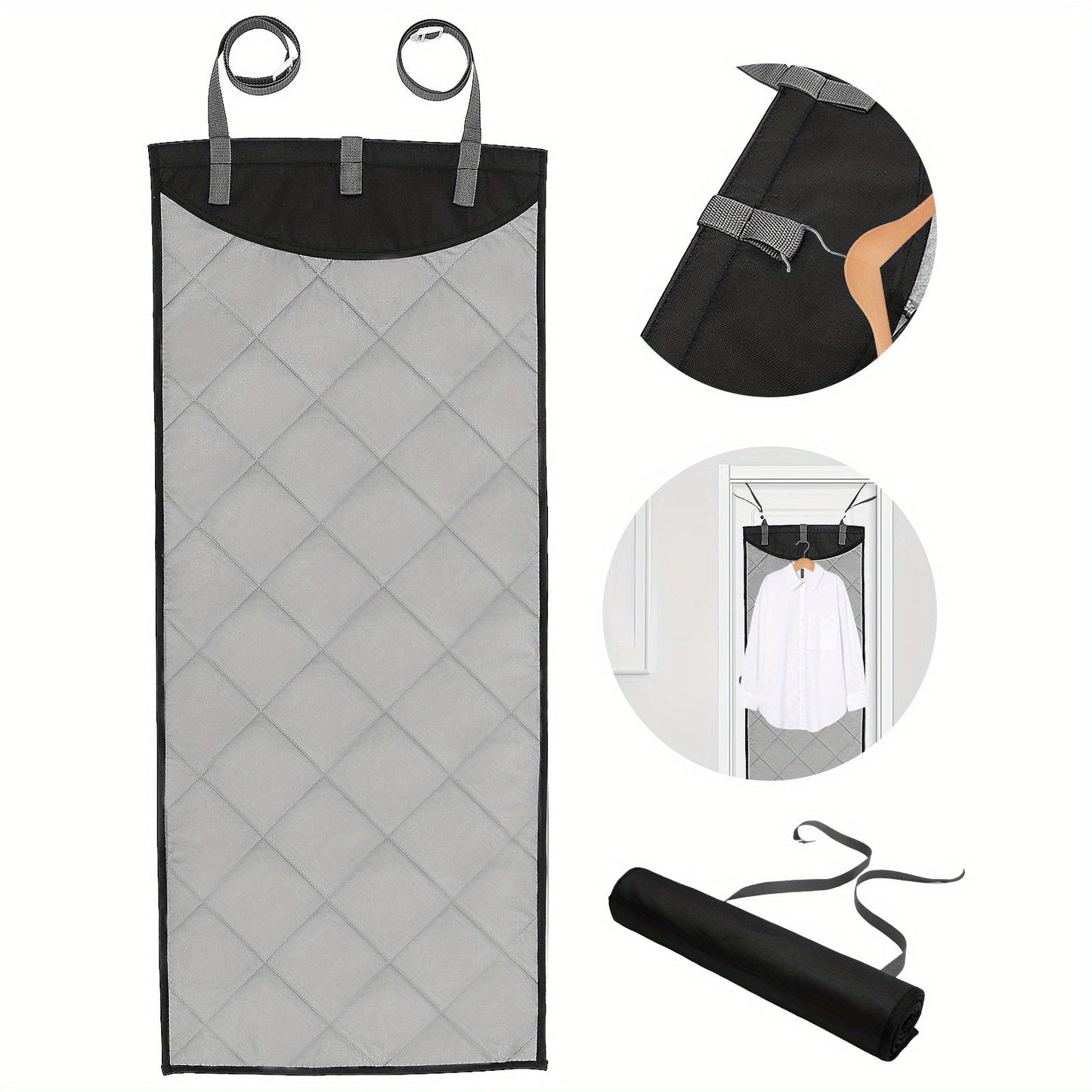 The Over The Door Press Pad is heat-resistant and designed for steaming clothes. This vertical hanging pad easily attaches to any door and can be folded for convenience. Measuring 114.99×47.98cm, this portable pad is perfect for quick and efficient