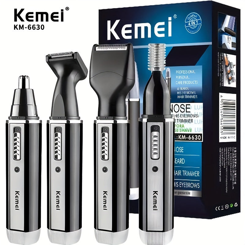 KEMEI 4-in-1 grooming kit for men, USB rechargeable, ABS material, suitable for ear, nose, eyebrow, and beard trimming.