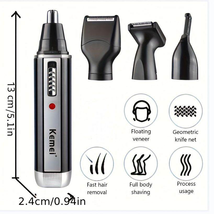 KEMEI 4-in-1 grooming kit for men, USB rechargeable, ABS material, suitable for ear, nose, eyebrow, and beard trimming.