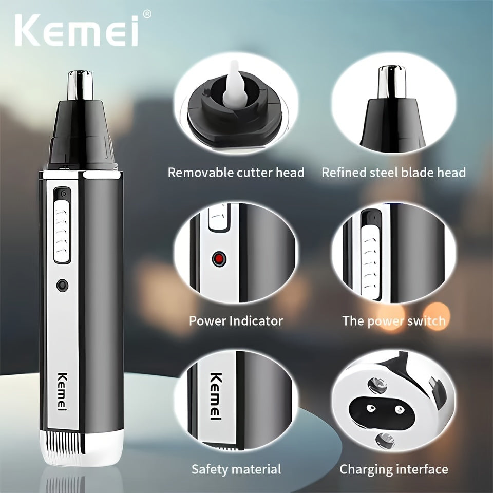 KEMEI 4-in-1 grooming kit for men, USB rechargeable, ABS material, suitable for ear, nose, eyebrow, and beard trimming.