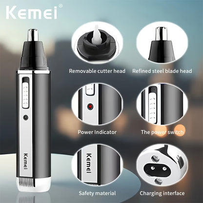 KEMEI 4-in-1 grooming kit for men, USB rechargeable, ABS material, suitable for ear, nose, eyebrow, and beard trimming.