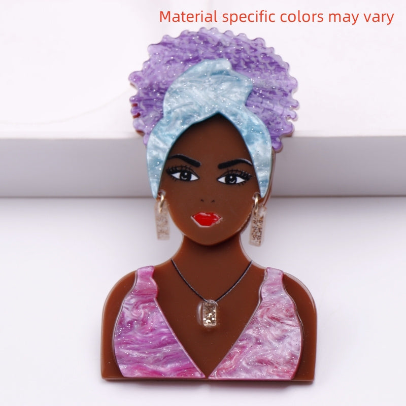 Stylish Acrylic Brooch Featuring a Black Woman Wearing a Turban and Jewelry