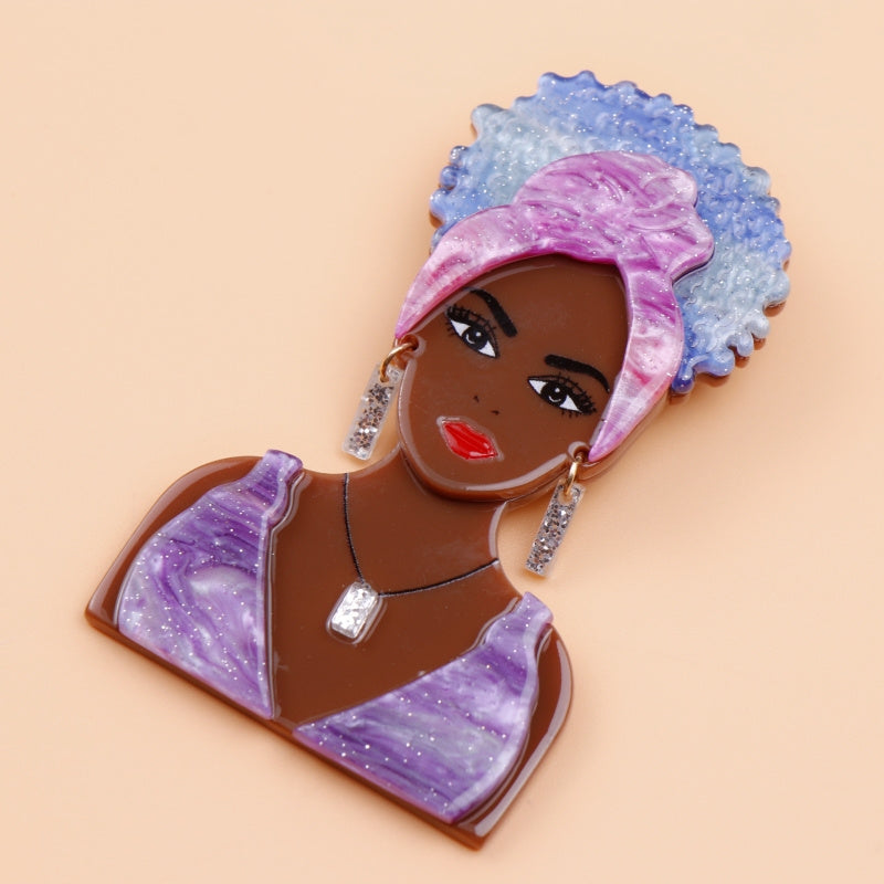 Stylish Acrylic Brooch Featuring a Black Woman Wearing a Turban and Jewelry