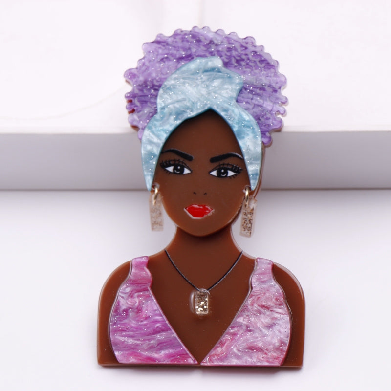 Stylish Acrylic Brooch Featuring a Black Woman Wearing a Turban and Jewelry