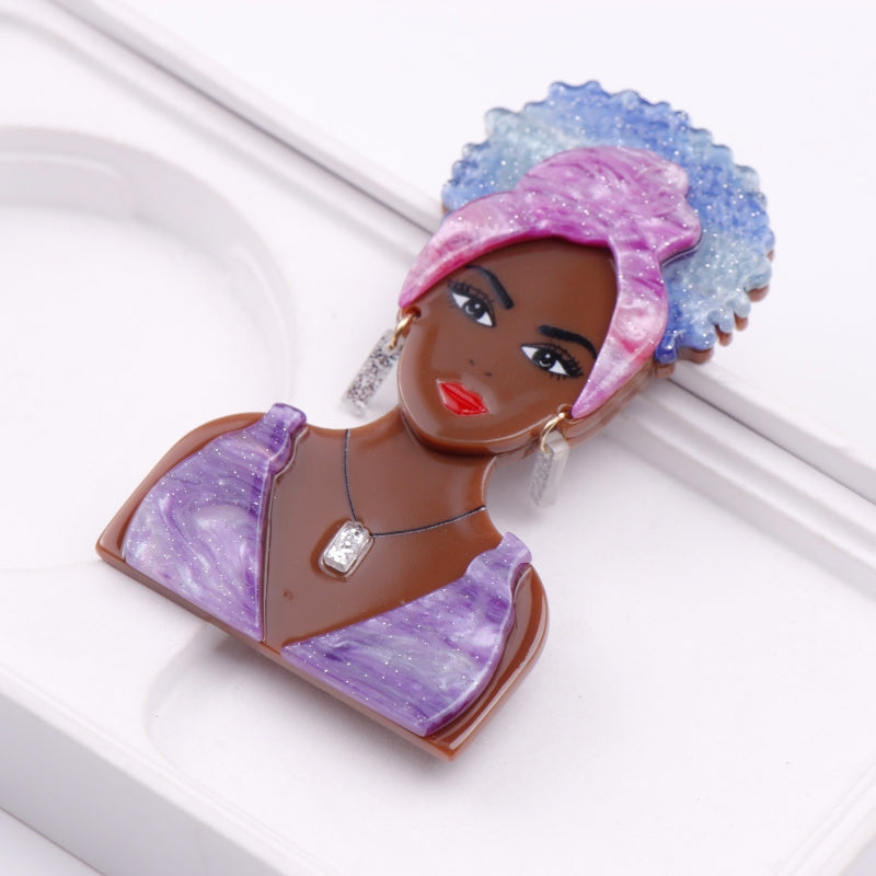 Stylish Acrylic Brooch Featuring a Black Woman Wearing a Turban and Jewelry