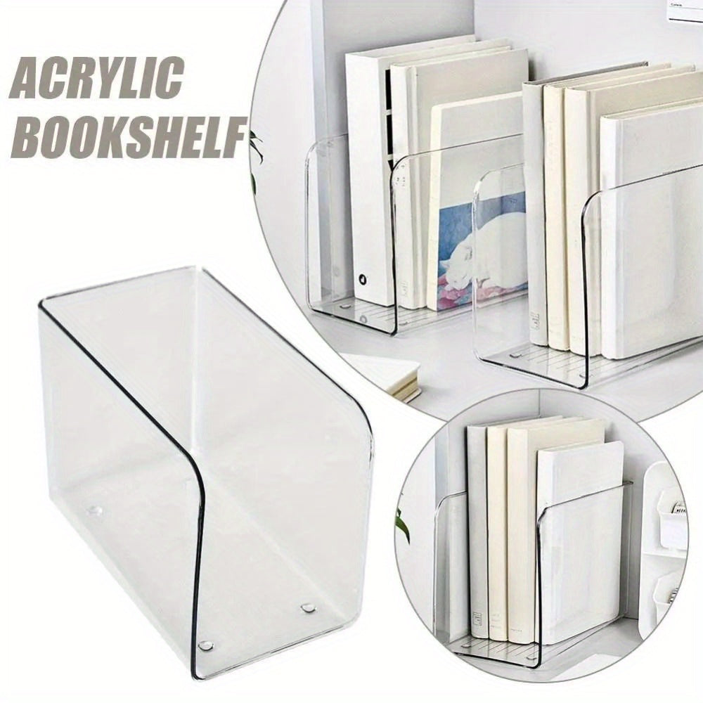 Premium acrylic book stand with transparent, U-shaped design and large capacity. Features non-slip base, easy-carry handles, and space-saving design for books and magazines. Ideal for home