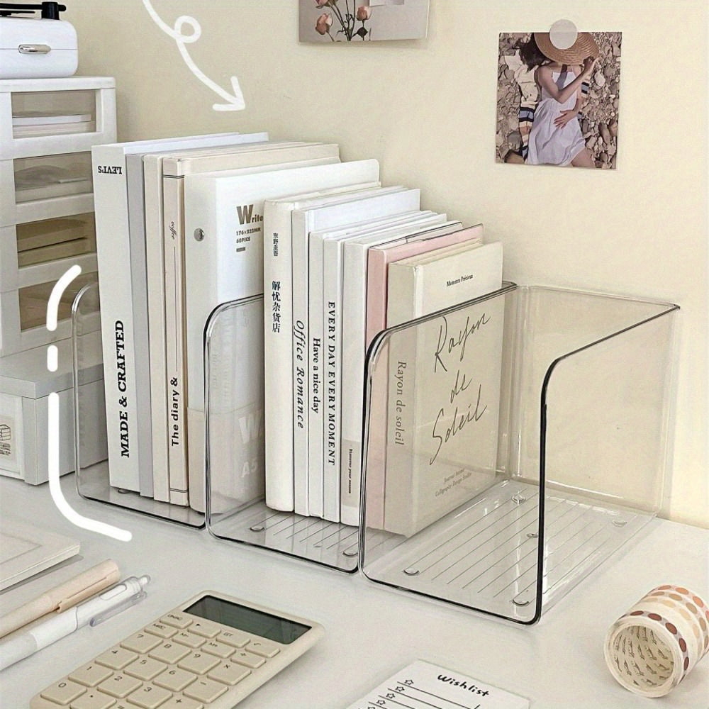 Premium acrylic book stand with transparent, U-shaped design and large capacity. Features non-slip base, easy-carry handles, and space-saving design for books and magazines. Ideal for home