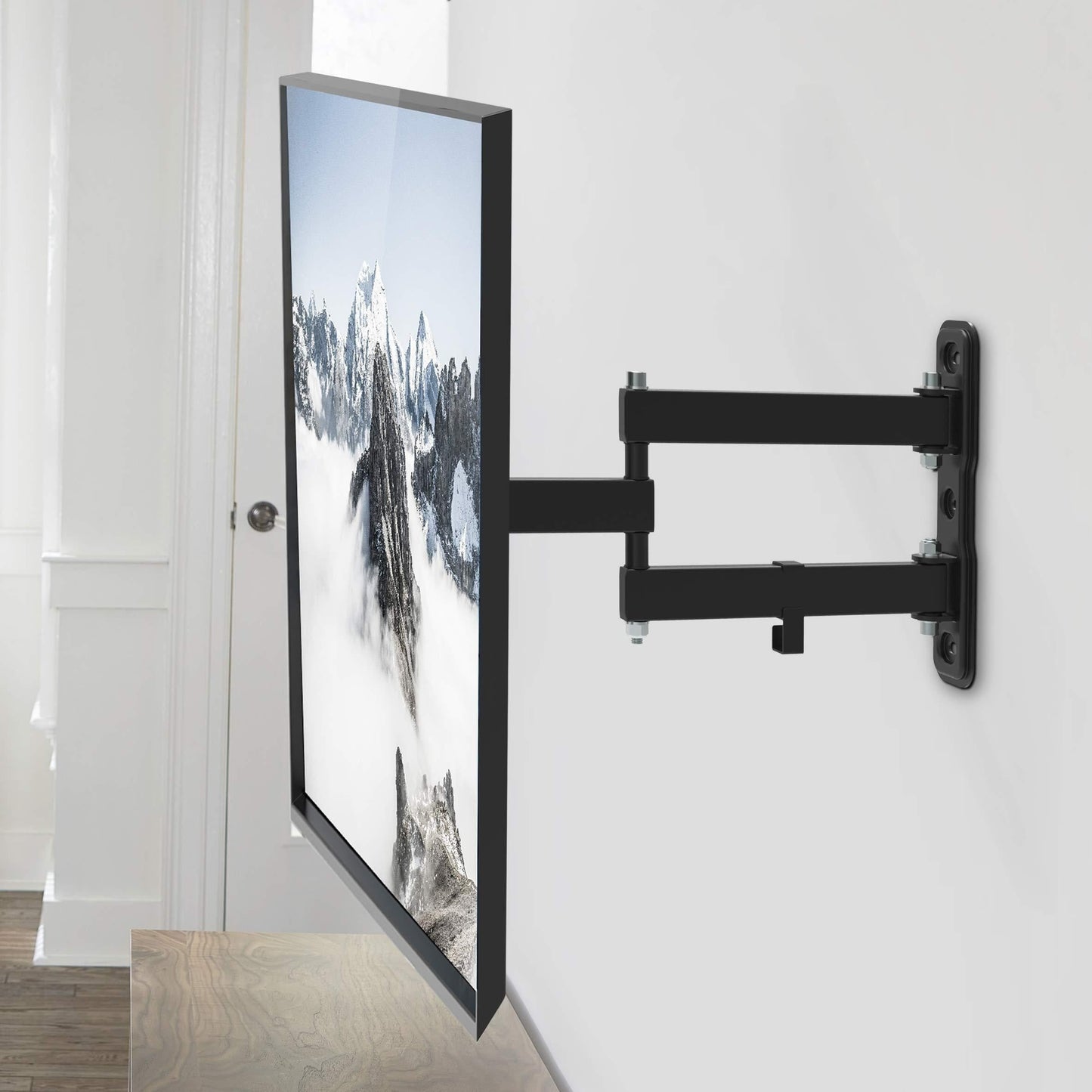 International Style Heavy Duty Cast Iron Adjustable Full Motion TV Wall Mount Bracket with Pedestal Base, Suitable for 81.28-139.7 cm LED/LCD Flat & Curved Screen TVs, No Power Required, Supports Up to 19.96KG Capacity.