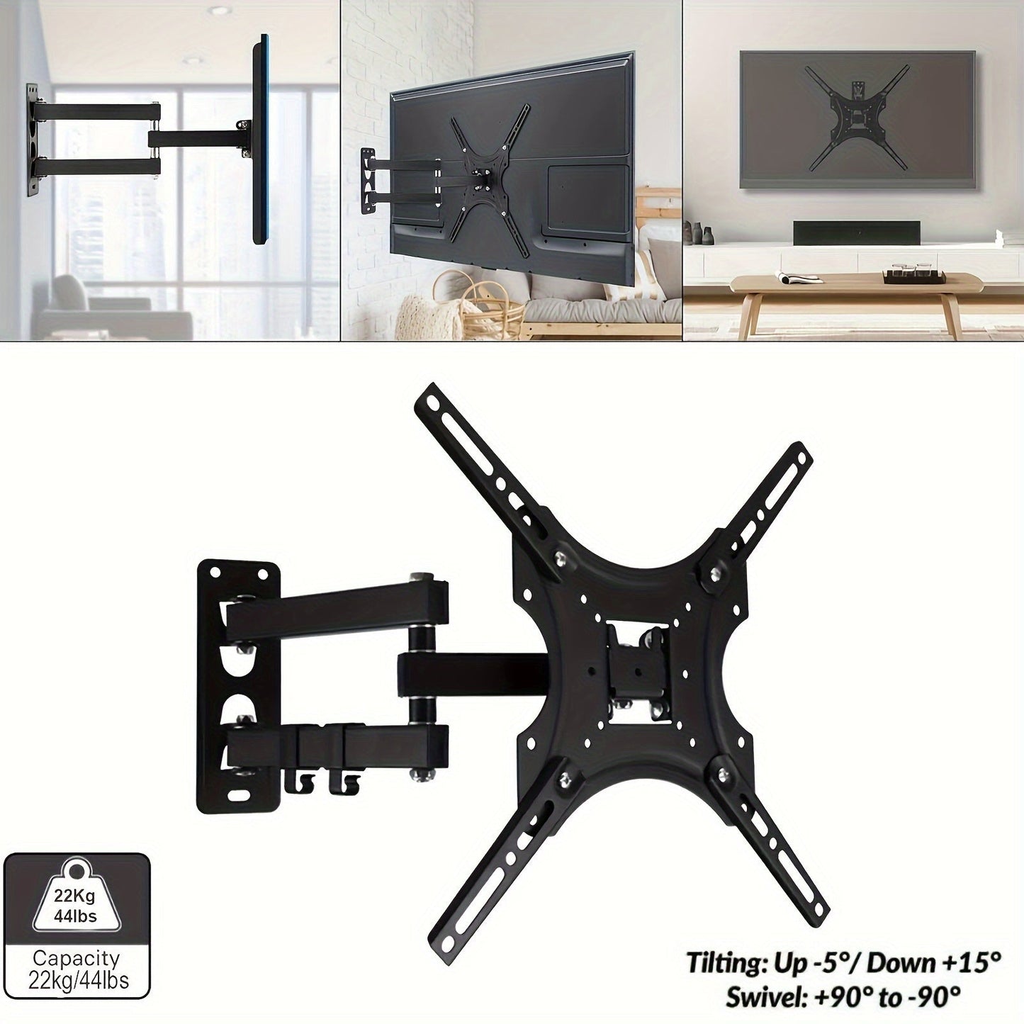 International Style Heavy Duty Cast Iron Adjustable Full Motion TV Wall Mount Bracket with Pedestal Base, Suitable for 81.28-139.7 cm LED/LCD Flat & Curved Screen TVs, No Power Required, Supports Up to 19.96KG Capacity.