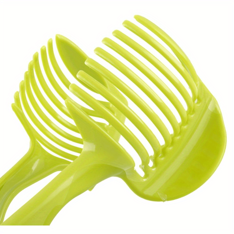 Multipurpose kitchen slicer for tomatoes, lemons, and more. Made of durable plastic for home and restaurant use. Includes round fruit tongs, egg slicer, and other kitchen tools.