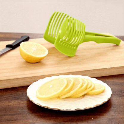 Multipurpose kitchen slicer for tomatoes, lemons, and more. Made of durable plastic for home and restaurant use. Includes round fruit tongs, egg slicer, and other kitchen tools.