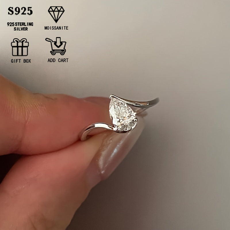 Elegant 925 Sterling Silver Moissanite Teardrop Ring with 1/2ct Pear-Shaped Stone, Featuring Hypoallergenic Twisted Arm Design. Perfect for Women's Engagement or Wedding Band, Ideal Anniversary Gift. Includes Gift Box from All Seasons Jewelry.