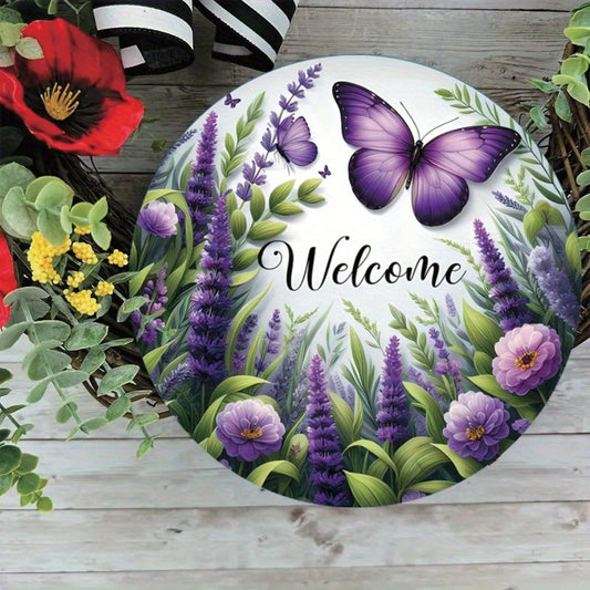 Round Acrylic Door Hanger Welcome Sign featuring Lavender and Butterfly Design, 20.32 cm in diameter, Perfect for Outdoor Porch Decor, Great Gift for Home Entrance - Recommended for Ages 14 and up. (1 piece)