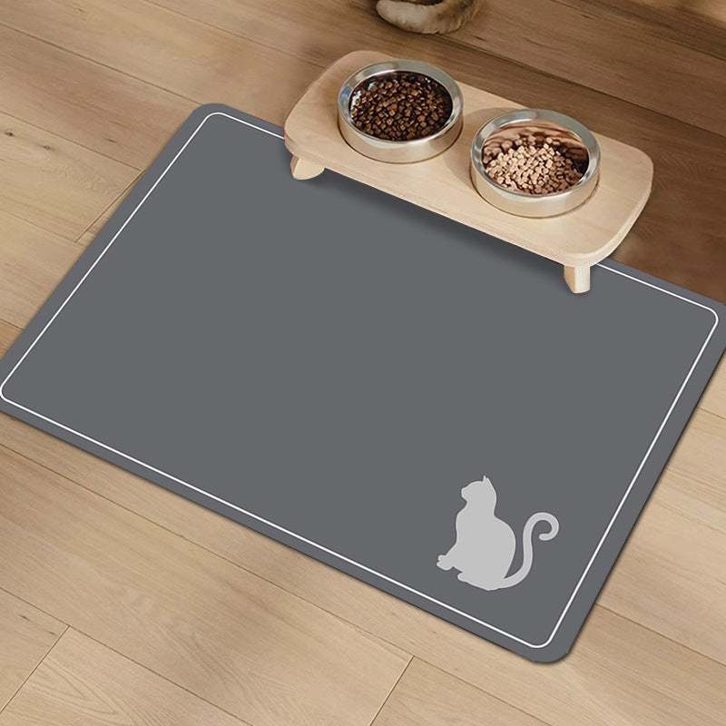 Waterproof and non-slip pet mat with anti-urine and anti-leak features for cat and dog bowls.