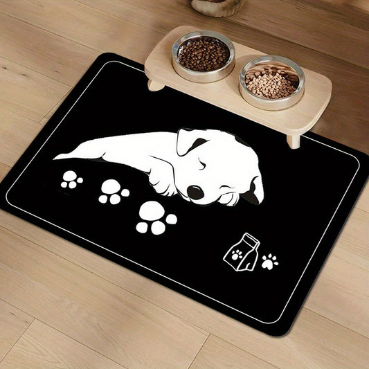 Waterproof and non-slip pet mat with anti-urine and anti-leak features for cat and dog bowls.