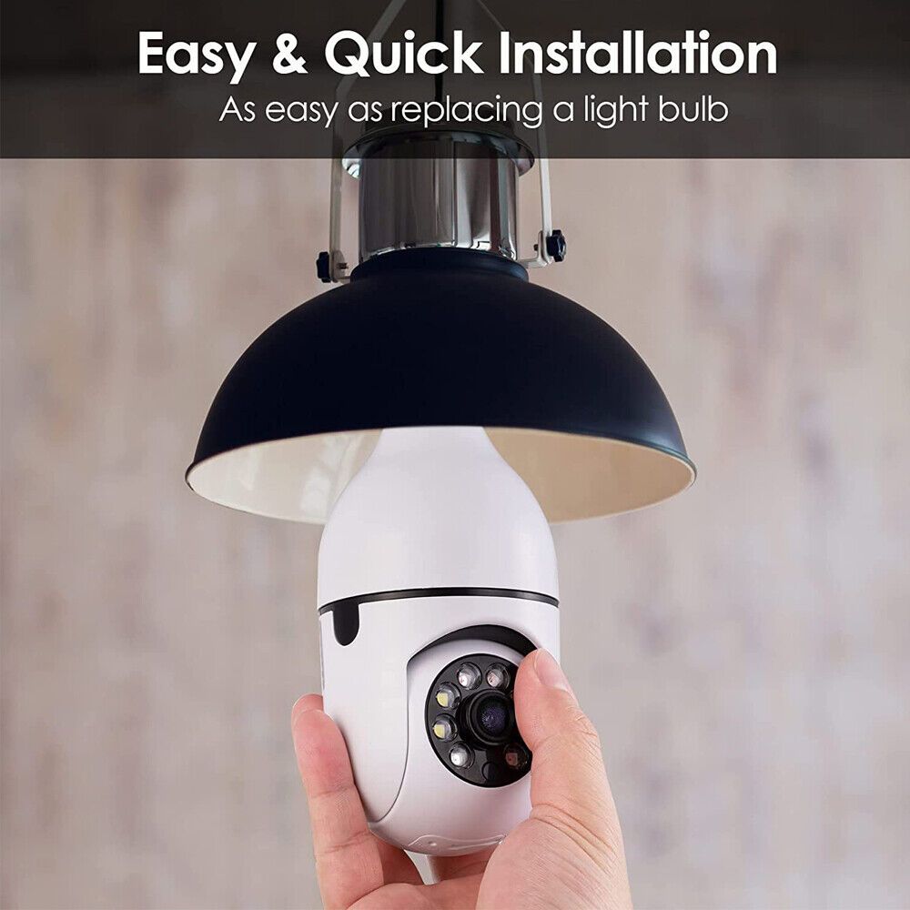 360° E27 WiFi Security Camera with Motion Detection, Color Night Vision, and Two-Way Audio - HD Light Bulb Camera for Indoor/Outdoor Home Surveillance with Spotlight Alarm