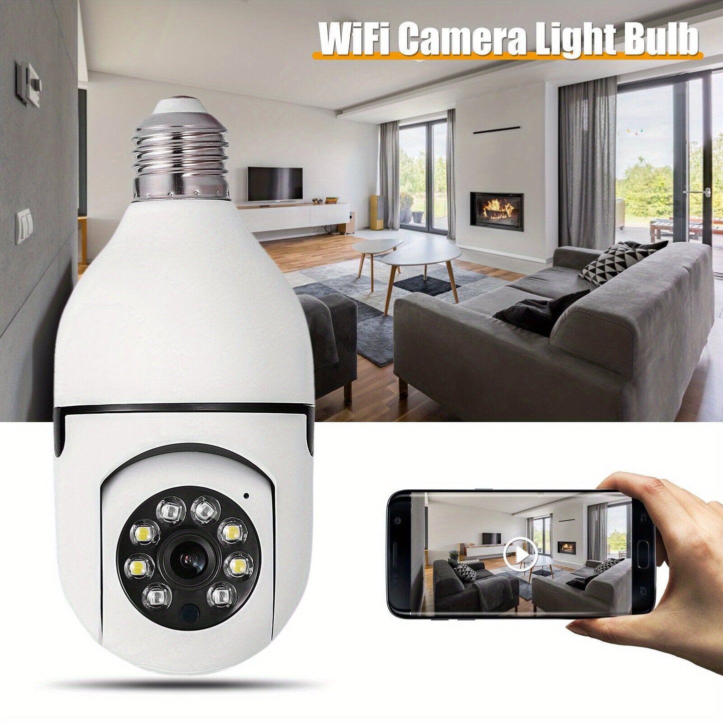 360° E27 WiFi Security Camera with Motion Detection, Color Night Vision, and Two-Way Audio - HD Light Bulb Camera for Indoor/Outdoor Home Surveillance with Spotlight Alarm