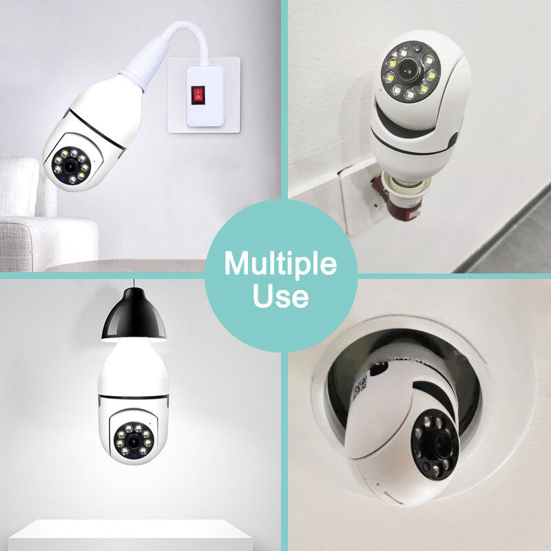 360° E27 WiFi Security Camera with Motion Detection, Color Night Vision, and Two-Way Audio - HD Light Bulb Camera for Indoor/Outdoor Home Surveillance with Spotlight Alarm