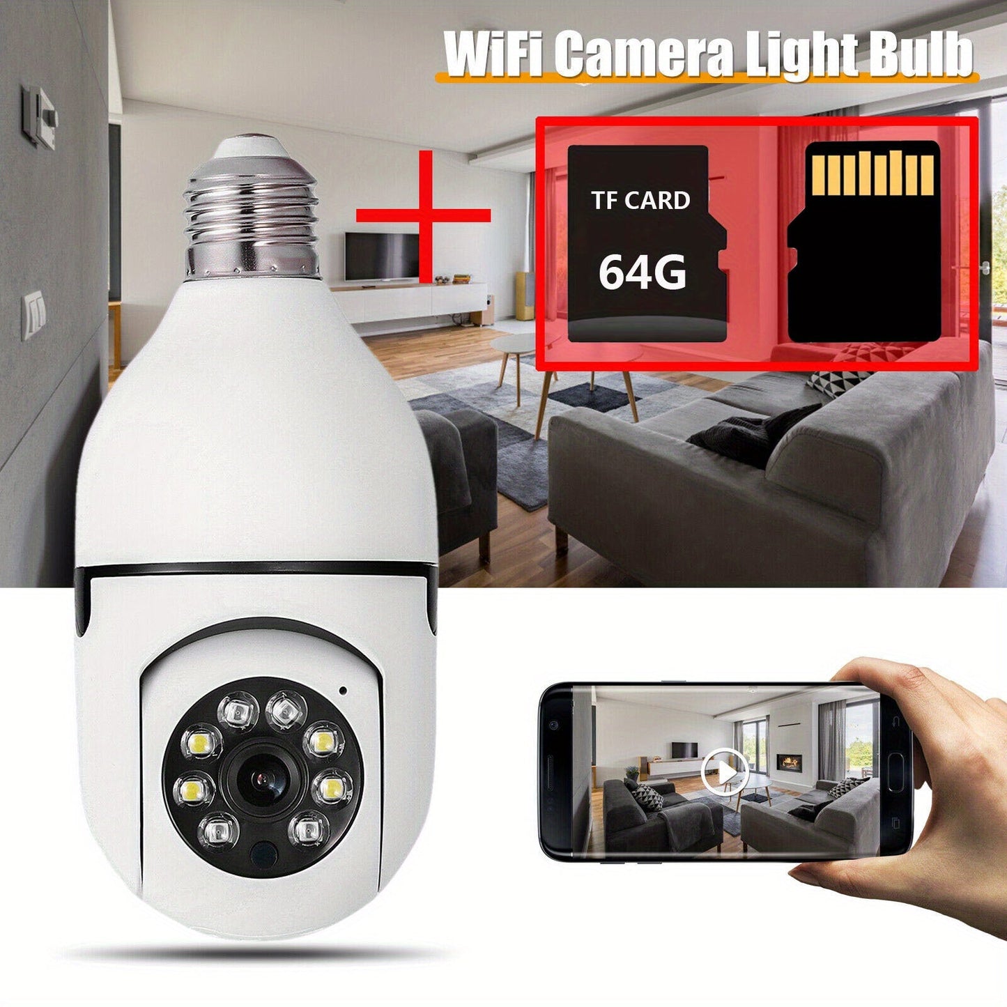 360° E27 WiFi Security Camera with Motion Detection, Color Night Vision, and Two-Way Audio - HD Light Bulb Camera for Indoor/Outdoor Home Surveillance with Spotlight Alarm