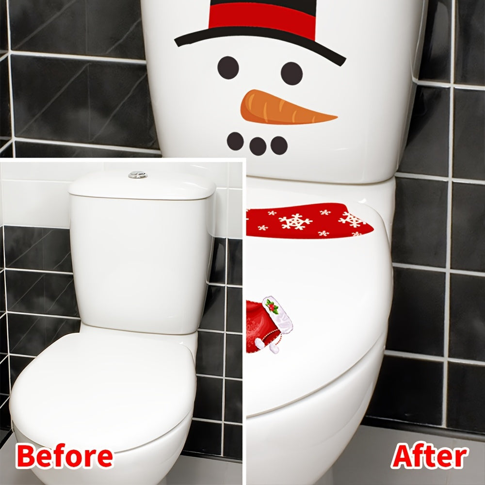 1pc Festive 3D Snowman Toilet Lid Decal - Easy to apply and remove, Christmas bathroom decoration sticker featuring red scarf and green top hat. No power required. Made of plastic. Ideal for holiday home decor.