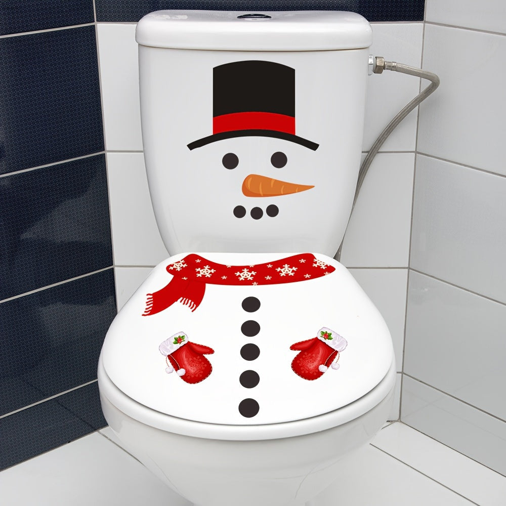 1pc Festive 3D Snowman Toilet Lid Decal - Easy to apply and remove, Christmas bathroom decoration sticker featuring red scarf and green top hat. No power required. Made of plastic. Ideal for holiday home decor.