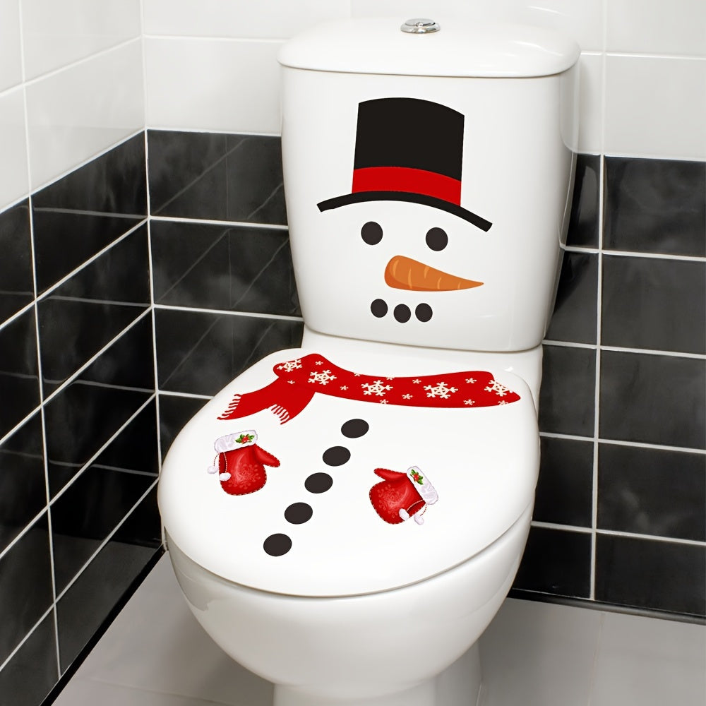 1pc Festive 3D Snowman Toilet Lid Decal - Easy to apply and remove, Christmas bathroom decoration sticker featuring red scarf and green top hat. No power required. Made of plastic. Ideal for holiday home decor.