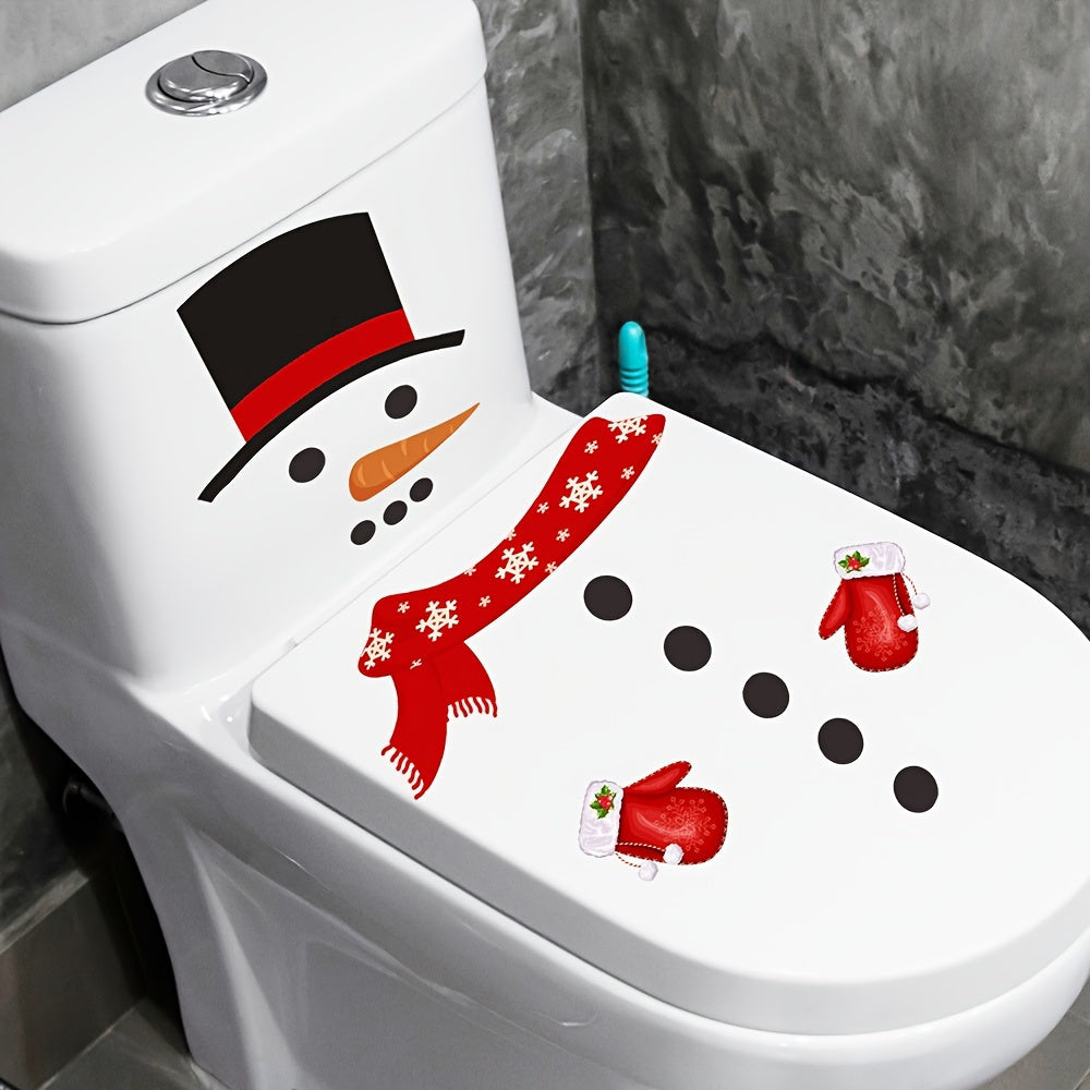 1pc Festive 3D Snowman Toilet Lid Decal - Easy to apply and remove, Christmas bathroom decoration sticker featuring red scarf and green top hat. No power required. Made of plastic. Ideal for holiday home decor.