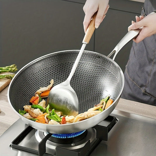 Cook with ease using the Honeycomb Coating Non-Stick Skillet, Stainless Steel Wok, and Saute Pan, suitable for use on gas stovetops and induction cookers. These kitchen utensils and gadgets are essential accessories for your home kitchen.