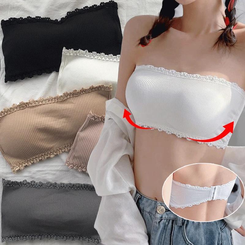 Wire-free, breathable lace bandeau bra with built-in pads for women - invisible chest wrap top.