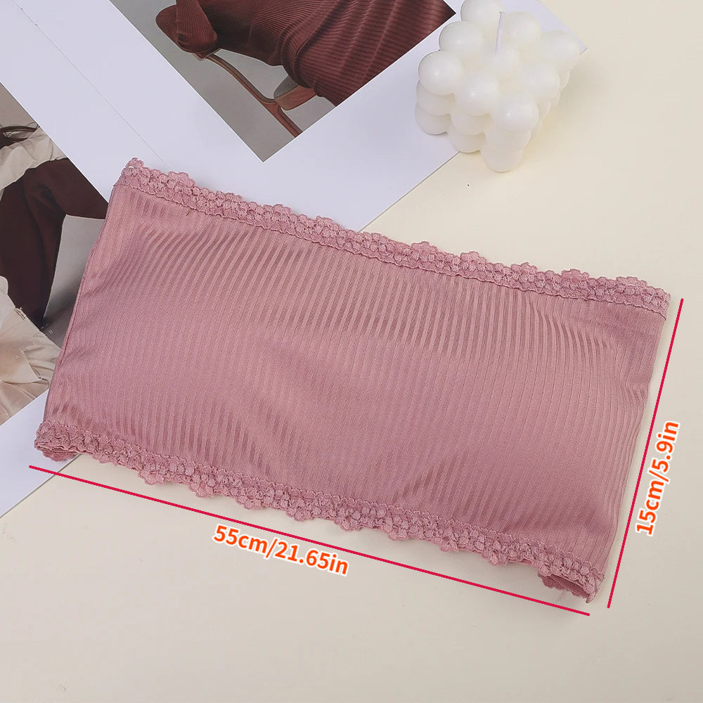 Wire-free, breathable lace bandeau bra with built-in pads for women - invisible chest wrap top.