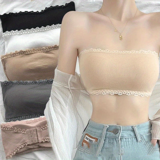 Wire-free, breathable lace bandeau bra with built-in pads for women - invisible chest wrap top.