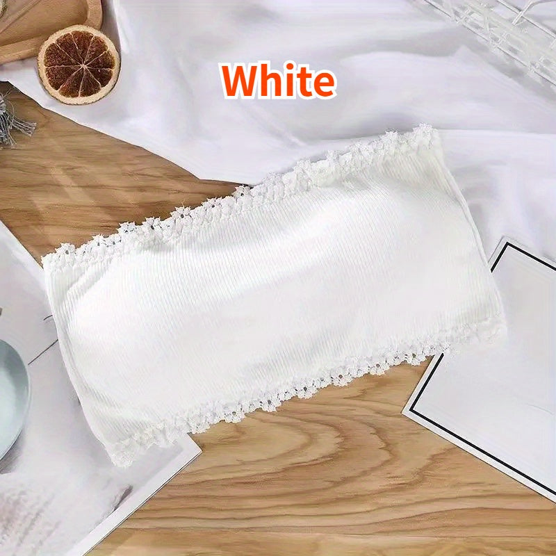 Wire-free, breathable lace bandeau bra with built-in pads for women - invisible chest wrap top.