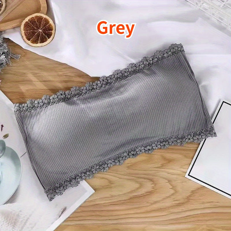 Wire-free, breathable lace bandeau bra with built-in pads for women - invisible chest wrap top.