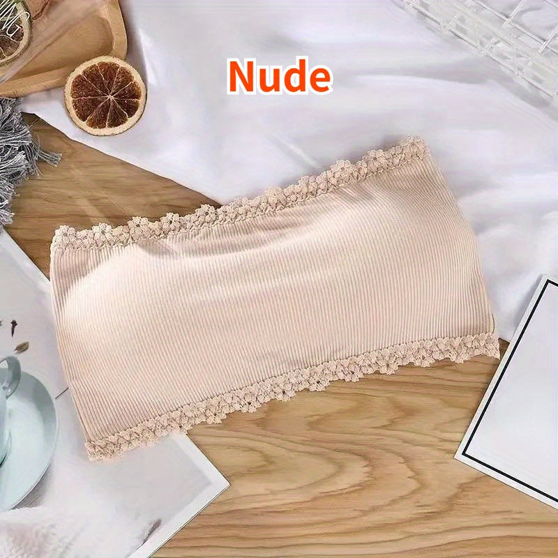 Wire-free, breathable lace bandeau bra with built-in pads for women - invisible chest wrap top.