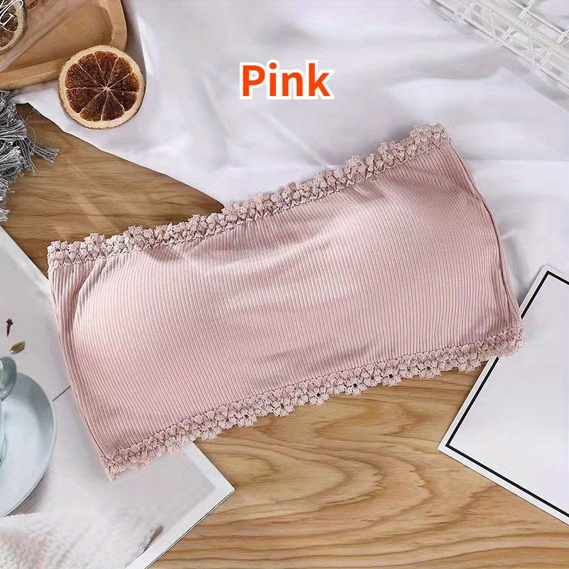 Wire-free, breathable lace bandeau bra with built-in pads for women - invisible chest wrap top.