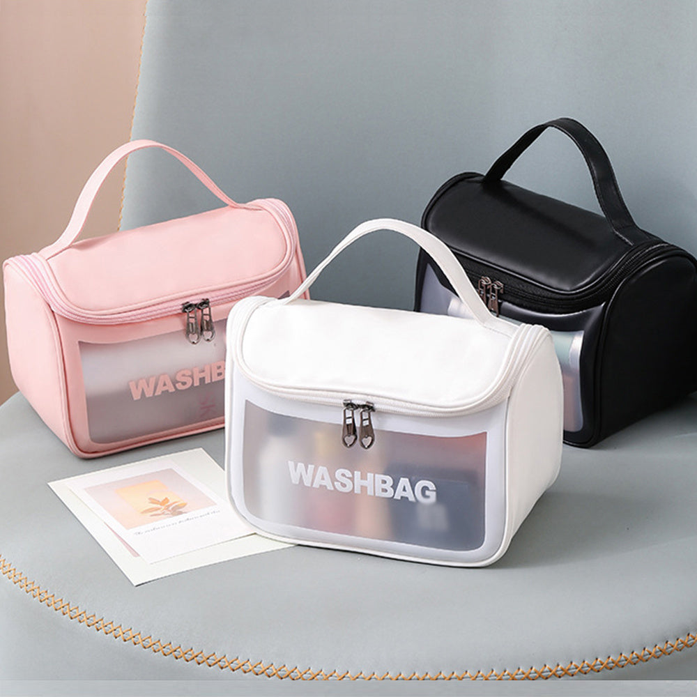 Durable and portable, this frosted PVC cosmetic bag has a large capacity and is water-resistant and translucent. Perfect for storing makeup and toiletries, this bag is the perfect travel companion.