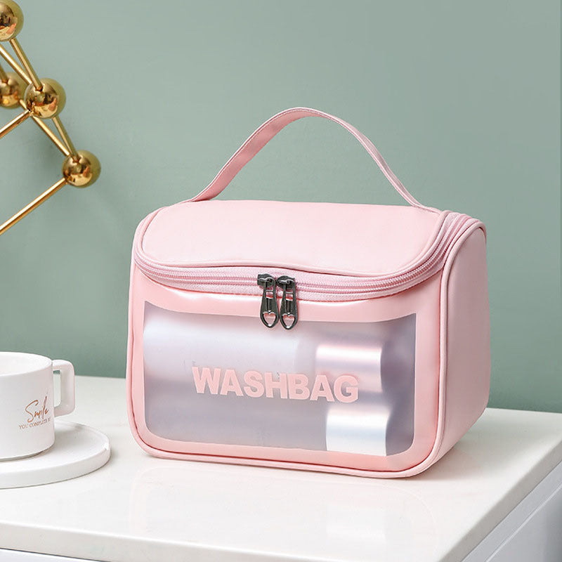 Durable and portable, this frosted PVC cosmetic bag has a large capacity and is water-resistant and translucent. Perfect for storing makeup and toiletries, this bag is the perfect travel companion.