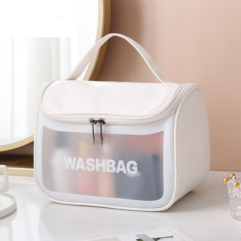 Durable and portable, this frosted PVC cosmetic bag has a large capacity and is water-resistant and translucent. Perfect for storing makeup and toiletries, this bag is the perfect travel companion.