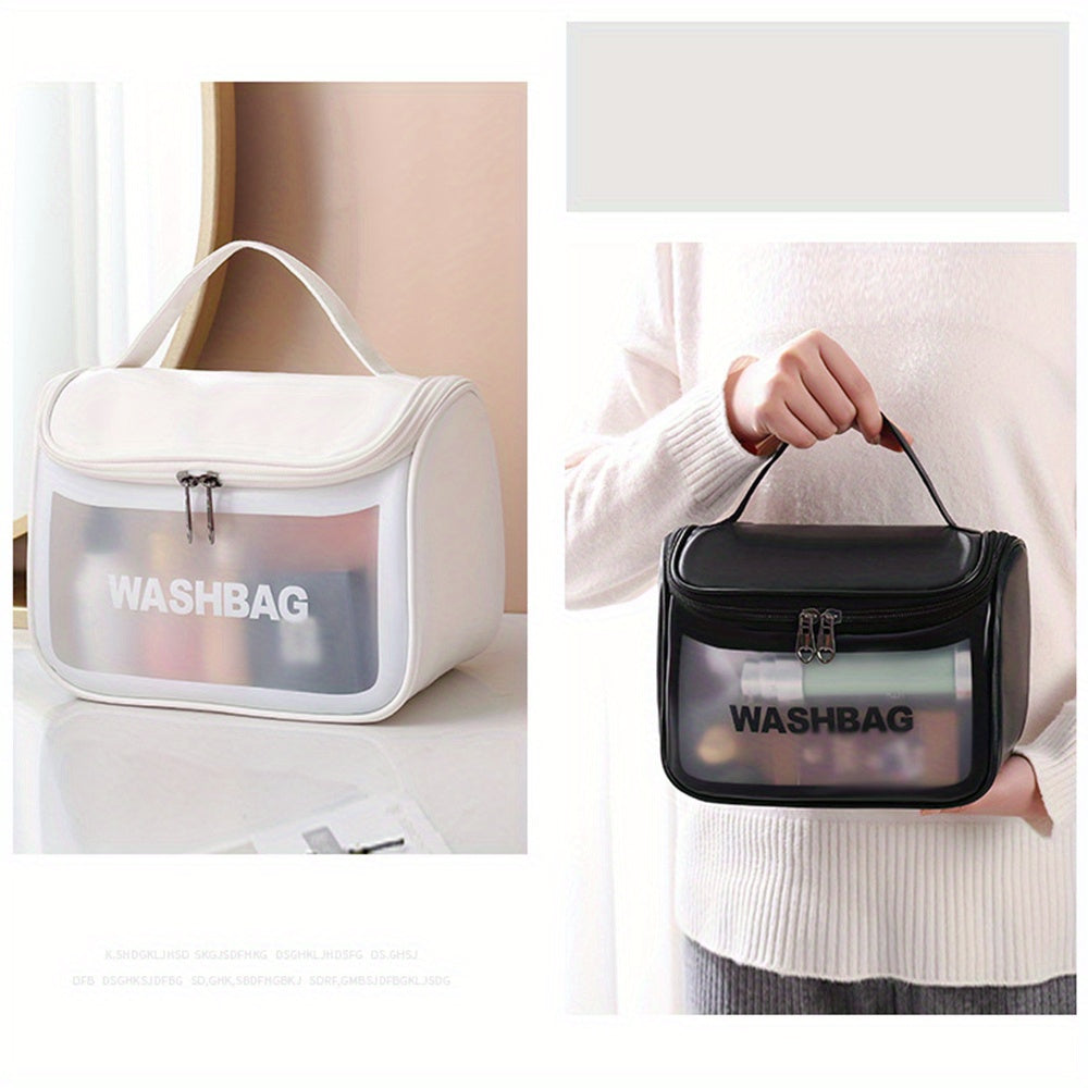 Durable and portable, this frosted PVC cosmetic bag has a large capacity and is water-resistant and translucent. Perfect for storing makeup and toiletries, this bag is the perfect travel companion.