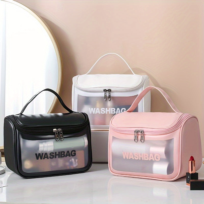 Durable and portable, this frosted PVC cosmetic bag has a large capacity and is water-resistant and translucent. Perfect for storing makeup and toiletries, this bag is the perfect travel companion.