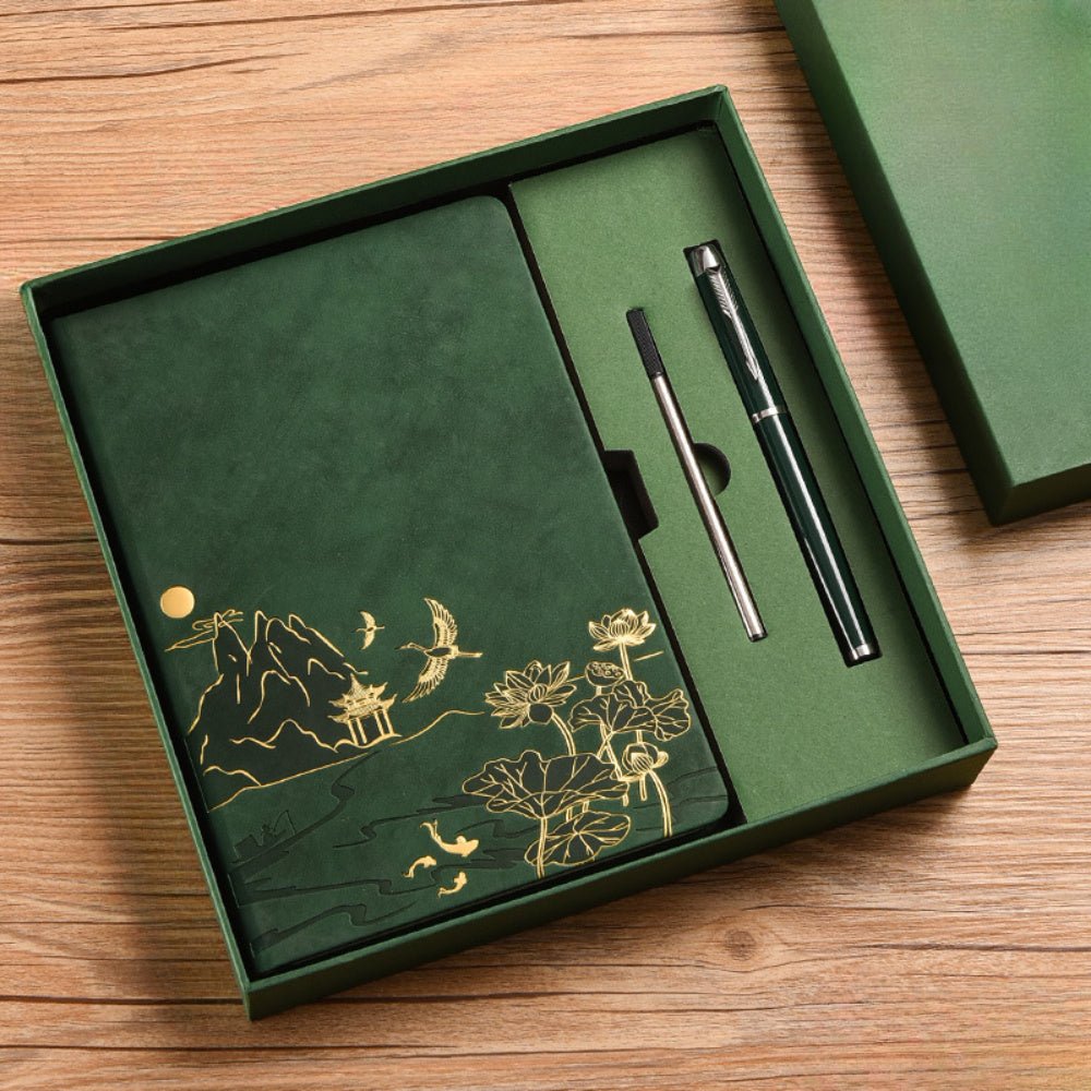 1 Pack Chinese Landscape Faux Leather Notebook and Pen Set with Traditional Artistic Design and Embossed Cover