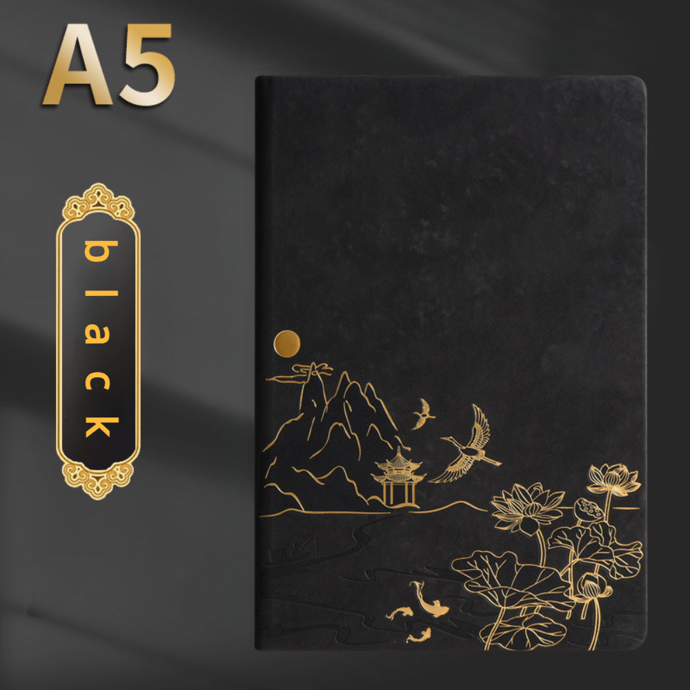 1 Pack Chinese Landscape Faux Leather Notebook and Pen Set with Traditional Artistic Design and Embossed Cover